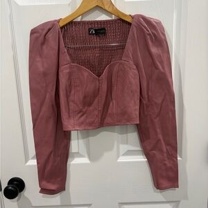 Zara Dusty Rose Faux Leather Puff-Sleeve Cropped Top